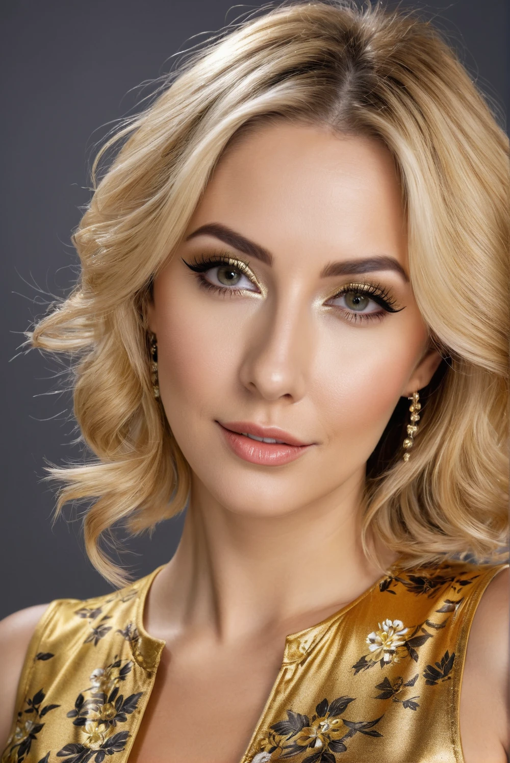 hyperrealistic beautiful busty 30-year-old women in shiny golden flowered jumpsuit, model shooting mugshot photography, dyed blonde classic bob, dark eye makeup with eyeliner, seductive smile, 8K, best quality, Meisterwerk, ultra high resolution, (Realismus: 1.4), Originalfoto, (realistische Hautstruktur: 1.3), (Filmkorn: 1.3), (Selfie-Winkel), 1 girl, Beautiful eyes and facial details, Meisterwerk, best quality