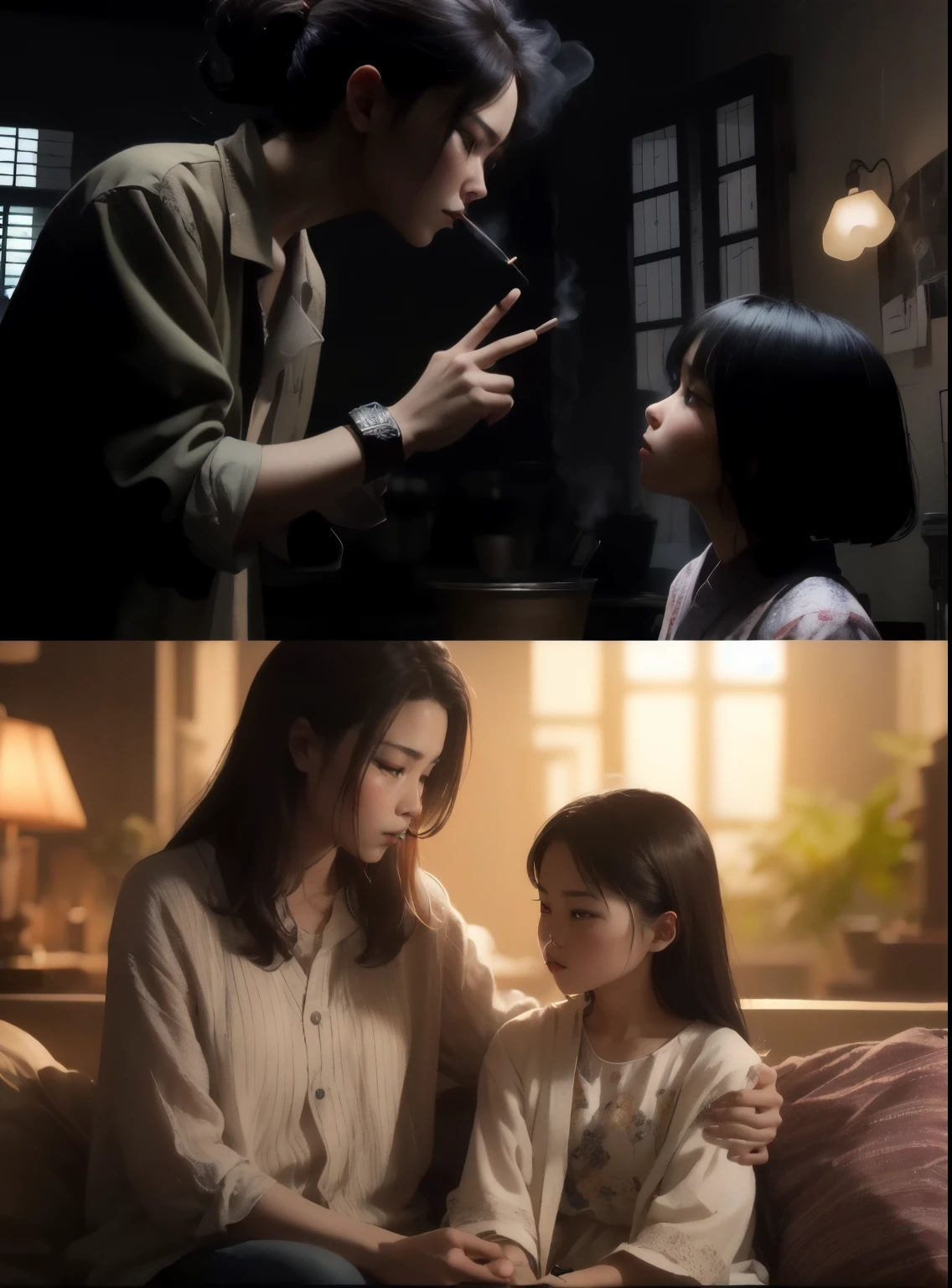 There are two photos,A woman smoking,A woman smoking, Movie Stills, cinematic contrasted lighting, Still from a live action movie, Movie highlights, Live-action movie scenes, Inspired by Chen Daofu, Movie screenshots, With cinematic lighting, Inspired by Tang Yifen, Movie Stills,HD resolution