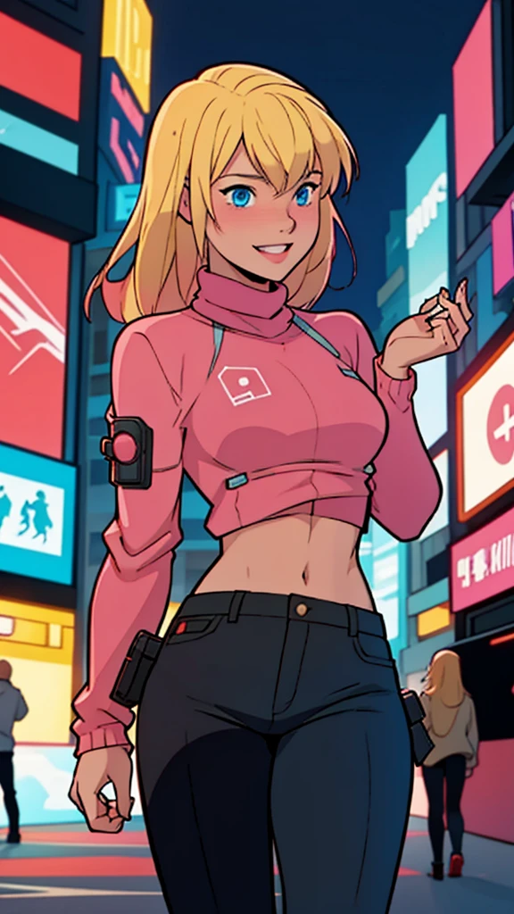 solo, 1girl, (masterpiece), ((16 year old appearance)), Blonde hair, Medium hair, blue eyes, anime girl, Pink sweater with red octopus emblem, black pants, small breasts, cyberpunk city, nigth,coxas saradas,belas coxas,sorriso,olhar serio