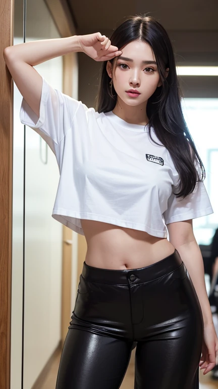 ((highest quality, 8K, masterpiece: 1.3)), 1 girl, Beauty with slender abs: 1.3, (long hair, small: 1.2), uniform: 1.1, white shirt, super detailed face, fine eyes, double eyelid, black pleated skirt, full body, knee high socks, belly button、(bikini:1.5)、(spread legs:1.5)、