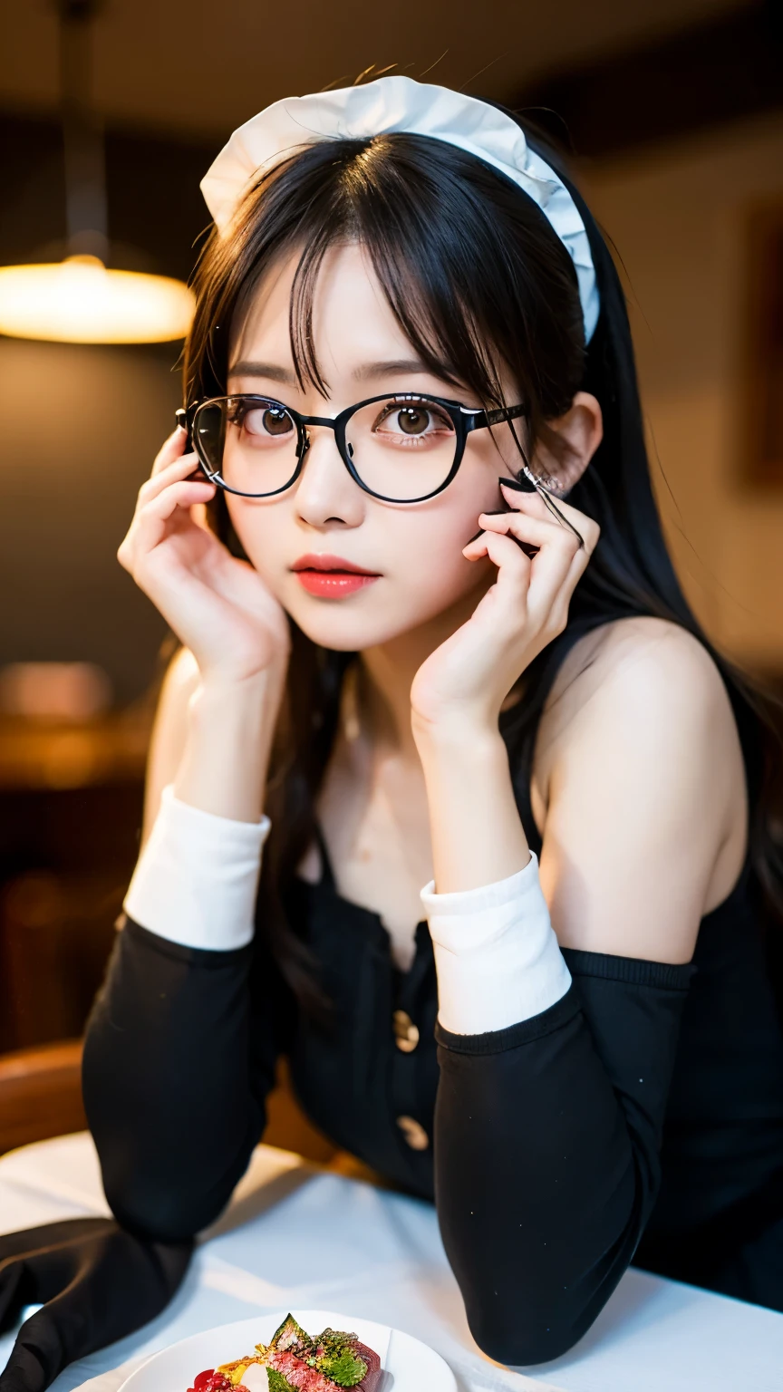 Maid,(8k, RAW Photos:1.2)Detailed face and eyes,最high quality, 超A high resolution, Very detailed ,Intricate details ,Tabletop ,pretty girl , soft cinematic light, Hyper Detail,Sharp focus, high quality, (Glasses),(Black Stockings,whole body:1.3)