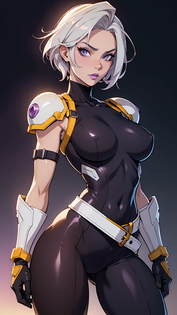 straight-on,pose,looking at viewer,solo, BREAK,
CARTOON_rogue_costume_ownwaifu, www.ownwaifu.com,
two-tone hair, brown hair, white hair, short hair, makeup, lipstick, hair between eyes, breasts, grey eyes, purple lips, eyeshadow, nose, medium breasts, split-color_hair, lips, pale skin, toned, narrow waist, curvy, collarbone,
belt, bodysuit, armor, belt buckle, brown gloves, shoulder pads, turtleneck, yellow belt, skin tight,
BREAK,, official art,extremely detailed CG unity 8k wallpaper, perfect lighting,Colorful, Bright_Front_face_Lighting,shiny skin, (masterpiece:1.0),(best_quality:1.0), ultra high res,4K,ultra-detailed, photography, 8K, HDR, highres, (absurdres:1.2), Kodak portra 400, film grain, blurry background,(vibrant_color:1.2),professional photograph,