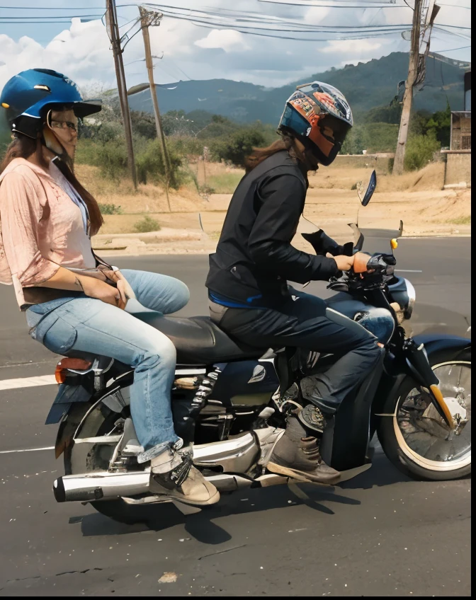 they are riding on a motorcycle on the road with a helmet on, sitting on a motorcycle, riding a motorbike, no helmet!!!!, no helmet, without helmet, riding a motorcycle, wearing a helmet, wearing helmet, motorcycle, no helmets, helmet instead of a head, riding on the road, wearing her helmet, really trying to ride it, moped, funny photo