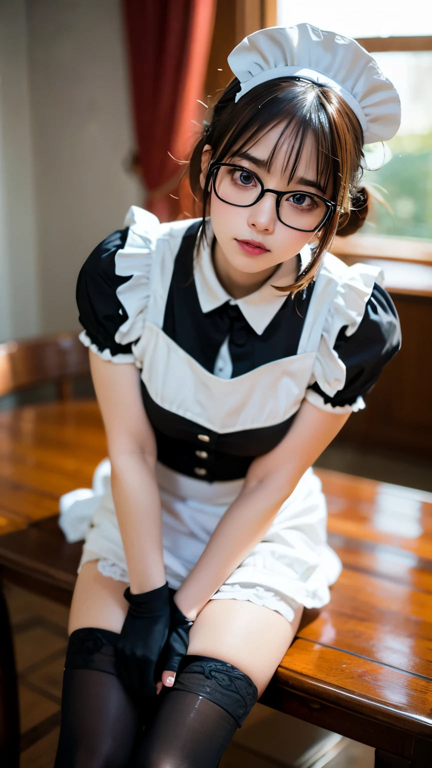 (8k, RAW Photos:1.2)Detailed face and eyes,最high quality, 超A high resolution, Very detailed ,Intricate details ,Tabletop ,pretty girl , soft cinematic light, Hyper Detail,Sharp focus, high quality, (Glasses),(Maid,Black Stockings,whole body:1.3)