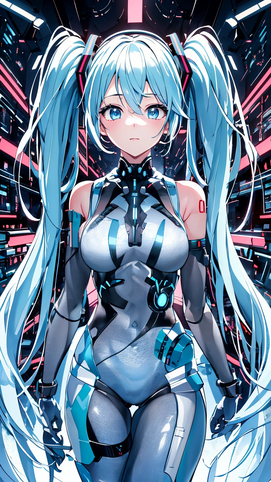 Hatsune Miku Vocaloid, Twin Tails, Light Blue Eyes, Light Blue Hair, Pichi Pichi Bodysuit, Cyber punk, Ultimate Physical Beauty, Beautiful Eyes, Big Breasts, 8K CG, Top Quality, Best Image Quality,