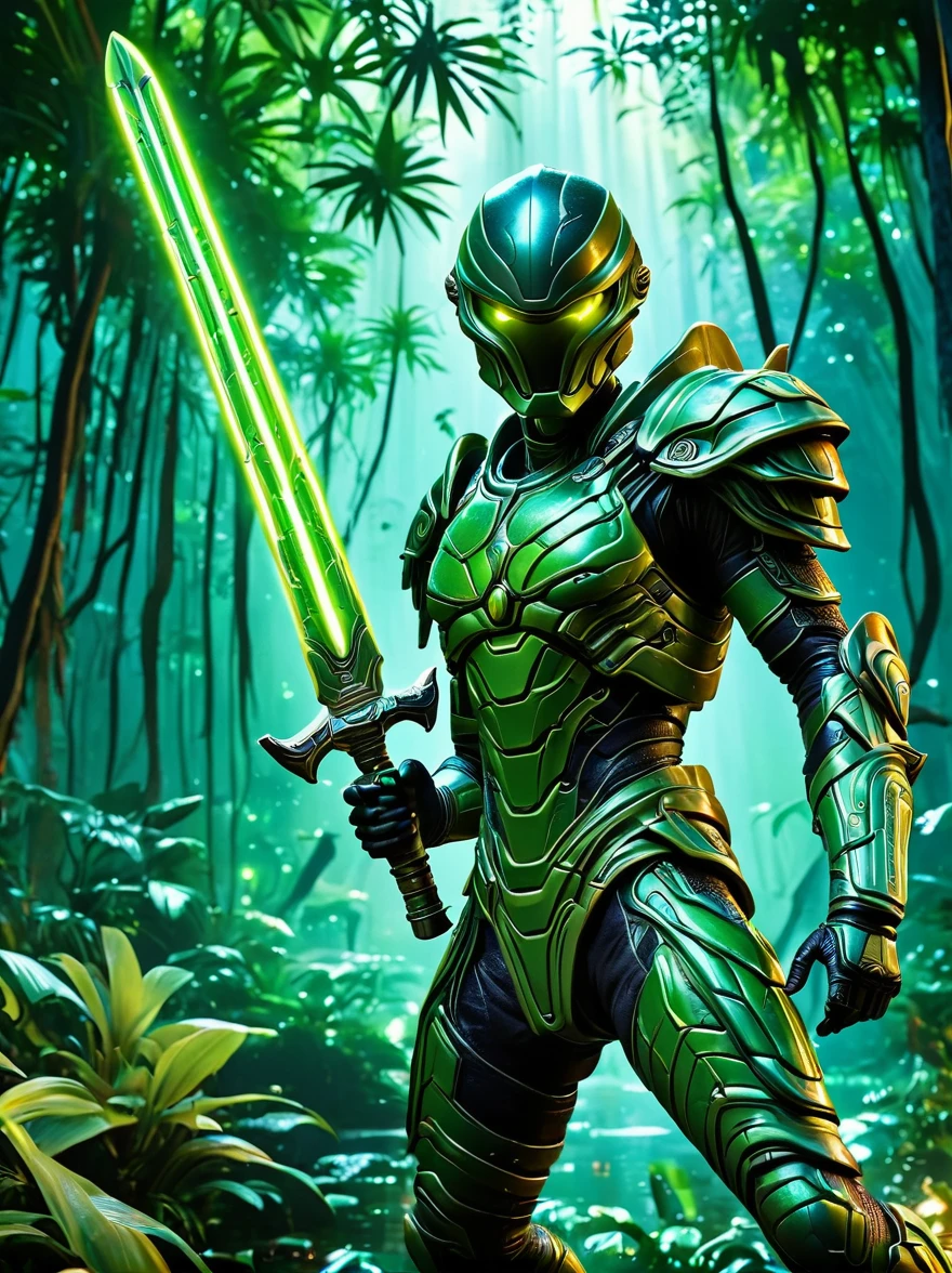 On a vibrant alien jungle planet，Dynamic cinematic shot of an alien Amazon warrior wearing alien camouflage armor, Wielding a green glowing alien sword, Detailed background, Hong Kong style, Ultra HD, DSLR camera, Crazy details, Reflection, Realistic shadows, Award-winning photos, Action Shots