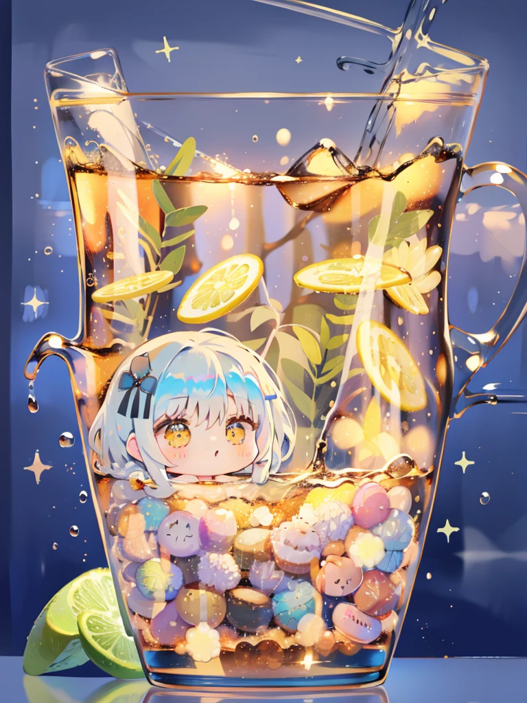 Mini、Chibi、soda、In soda、In a cup、Blue Hawaii Soda、fizzy、foam、sink、Fluttering hair、white  hair、Twin-tailed、black ribbon on the head、yellow  eyes、​masterpiece、top-quality、Top image quality、cute little