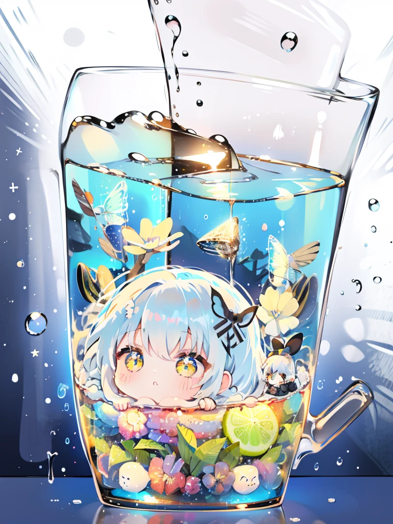 Mini、Chibi、soda、In soda、In a cup、Blue Hawaii Soda、fizzy、foam、sink、Fluttering hair、white hair、Twin-tailed、black ribbon on the head、yellow eyes、masterpiece、top-quality、Top image quality、cute little