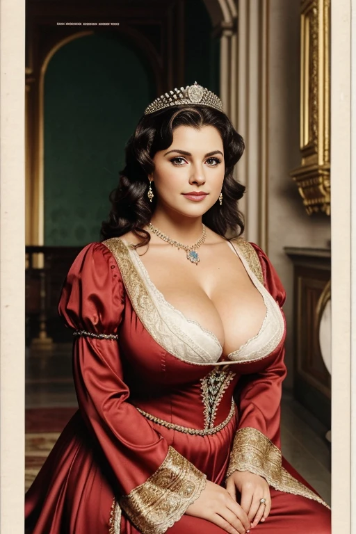 MILF, 2 QUEENS, , BBW, photo vintage, visage feminin parfait,  , tache de rousseur, 1888, big huge breasts : 62H,FRONT VIEW, Rembrandt LIGHT ,  EXTREME LONG V-NECK, BIG CLEAVAGE,  BEAUTIFUL EYES, BEAUTIFUL HANDS, LIGHT SMILES,  PERFECT FACE, tres long décolleté, CASTLE BACKGROUND, QUEEN, NECKLACE, RING, JEWELERY RICH, SFW, FULL BODY, COLORFUL, ITALIAN, SEXY ROYAL LINGERIE, SPACE BETWEEN LEGS