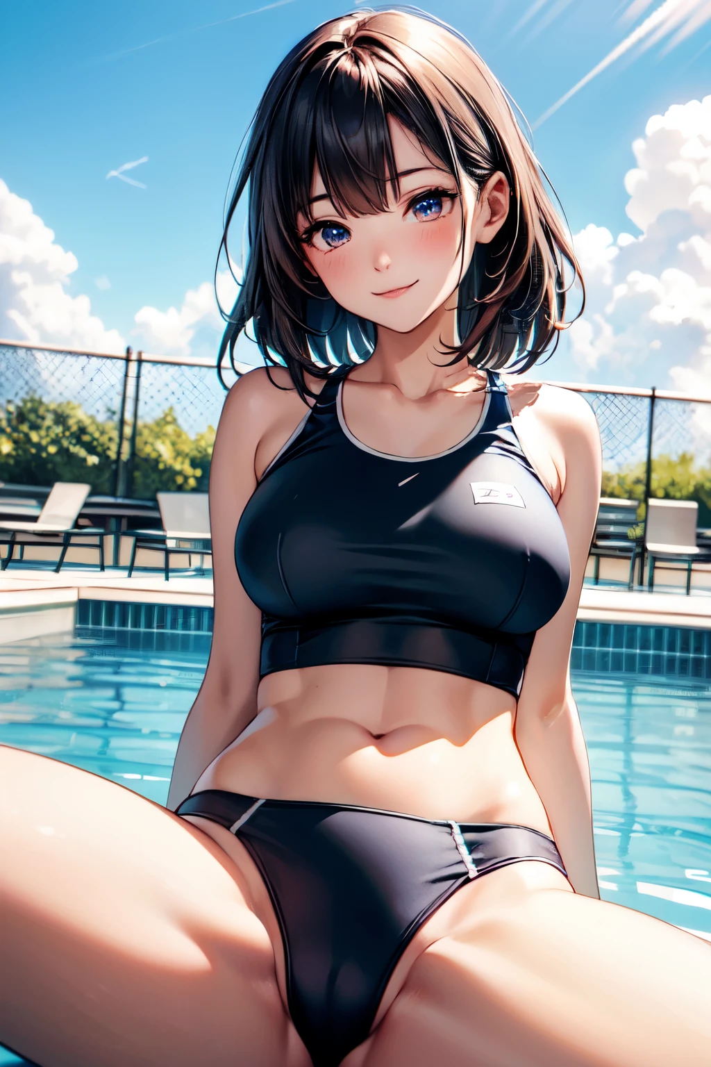 very cute and beautiful girl,(highly detailed beautiful face and eyes),(blue school swimsuit),
sitting,spread legs,looking at viewer,pool side,flowers in grassland,(smile),black hair,
(best quality,masterpiece:1.0),absurdres,highres,ultra-detailed,extremely detailed,32k,
cinematic scene,detailed background,solo,dynamic angle,
hair fluttering in the wind,beautiful detailed sky,