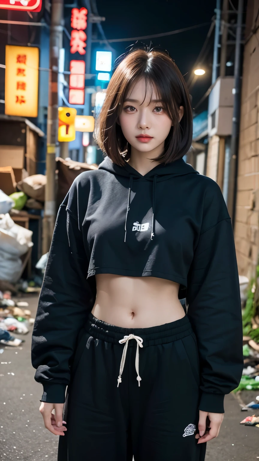 18-year-old,Korean women,Dancer on the road,(((Dirty neon street at night))),(((Facing forward))),(((Frowning,カメラをGlaring))),(Very fine eye), (((Wearing a black hoodie,Wearing baggy pants))),(((Collapsing Building))),(((old buildings))),((photograph)),((A woman near a garbage dump)),(((Fabric Shading))), (((highest quality))), (((masterpiece))) strong girl, ((((Realistic)))), I have a card,Black Hair, chic hairstyle, ((With bangs,Straight medium bob cut, nice hair)), Light makeup,Red eyes, (((I'm not wearing lipstick))), (nice, strong), (((Strong night atmosphere))), Centered Images, Looking at the camera, Elegant colors,Realistic Skin,Realistic texture,8k,whole body,Pale skin, (((Dirty garbage dump))),A huge amount of trash,Red iris,Expressionless,Glaring,Perfect Face,(((Big eyes))),She is wearing wide black baggy pants,Mouth closed, portrait of aespaのウィンター,She is wearing black streetwear, Woman in black streetwear, 黒いハイテクな服を着た女性のphotograph, Girl wearing black hoodie, Cyberpunk Streetwear, Cyberpunk Streetwear street fashion e-girl,
