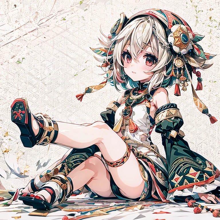 high quality ethnic art flat painting with faint blur color scheme. cute avantgarde fashion style. Osiris waifu girl leaning stretching legs in relaxed holiday