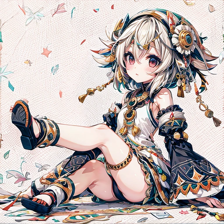 high quality ethnic art flat painting with faint blur color scheme. cute avantgarde fashion style. Osiris waifu girl leaning stretching legs in relaxed holiday
