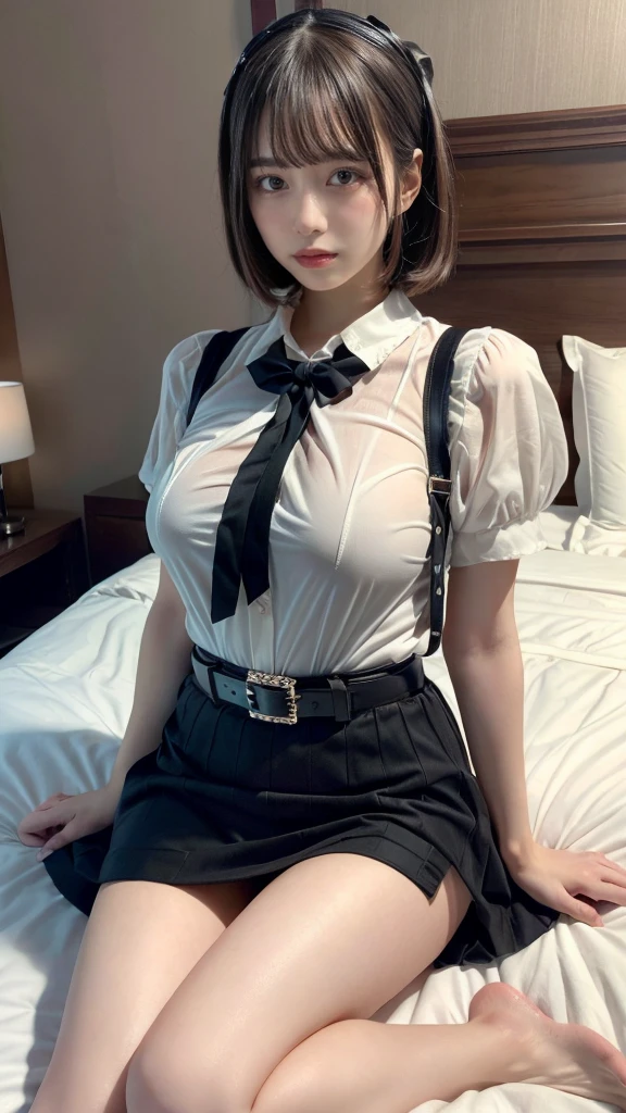 muste piece, best quality, illustration, Super detailed, fine details, High resolution, 8K,wall paper, perfect dynamic composition,(Details High quality, realistic depiction of eyes:1.3), (Fashionable, a belt black suspenders, Aside Cutter Shirt, a miniskirt, garterbelts), short bob hair, large breasts, black hair color, Big Natural Color Lip, (perfect body shape), crying a little、cold gaze, Harajuku style、20 year old girl、cute type、ta、beautiful legs, hotel room, Gravure Idol, Voluptuous thighs, (woman on top, straddling, sitting)
