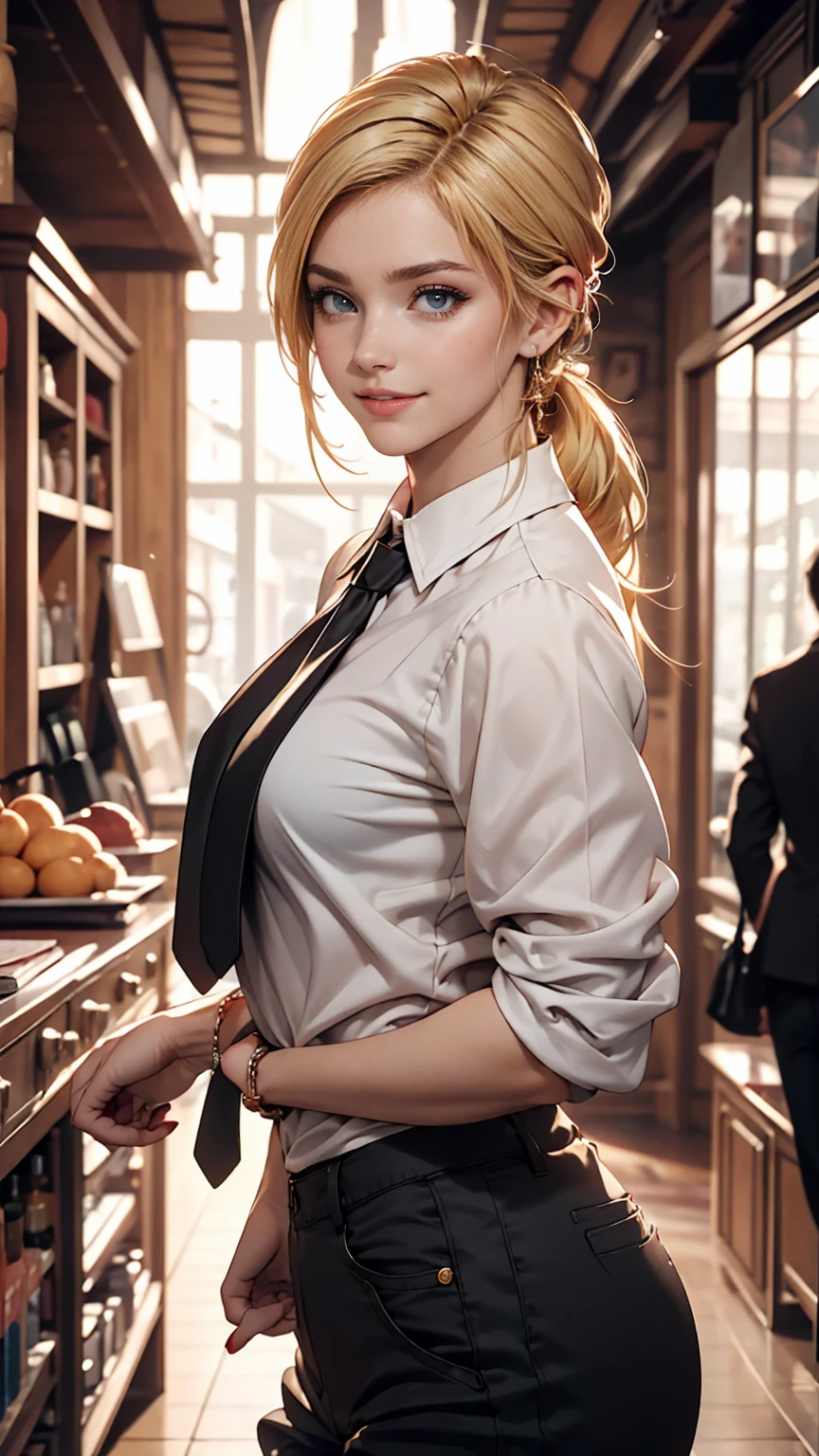 ((最high quality, 8K, masterpiece: 1.3, Ultra HD, high quality, 最high quality, High resolution, realism)) 、A 22-year-old extremely beautiful white woman、Hair color blonde、blue eyeedium Hair、Straight Hair、smile、Slender but well-proportioned body、Background blur((depth of field))、Aerial perspective((atmospheric perspective))、I want my head to stay off screen、Put an anklet on your ankle、Wearing red nail polish、I have a peticure、Tie-front shirt((tie front shirt))Wear a top from、Harlem Pants((harem pants))Wear、サンダルWear、Cross one&#39;s arms、smile、Braided ponytail((braided ponytail))、Souvenir shop by the sea, landscape  