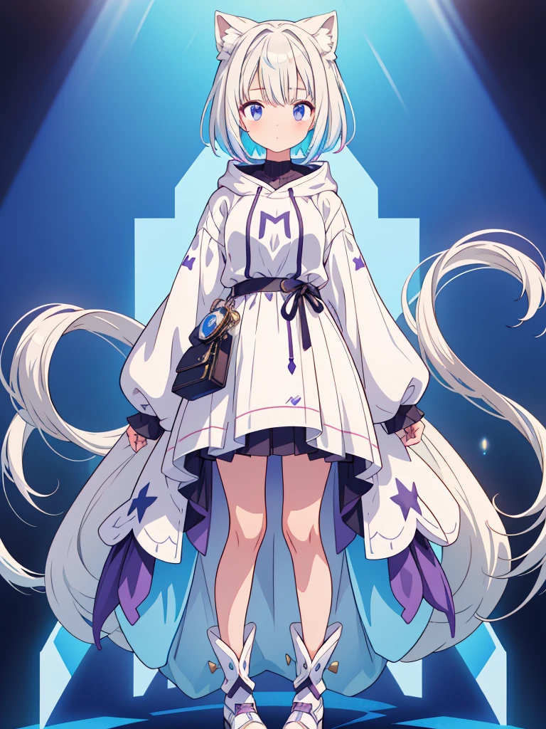 1 person girl、pleochroism、A loose-fitting jersey-style long hoodie in holographic colors、Ribbed knit cuffs and hem、Vtuber whole body、Milky white short hair、Standing figure facing the viewer、Simple Background、highest quality、Masterpiece、Official Art、8K、