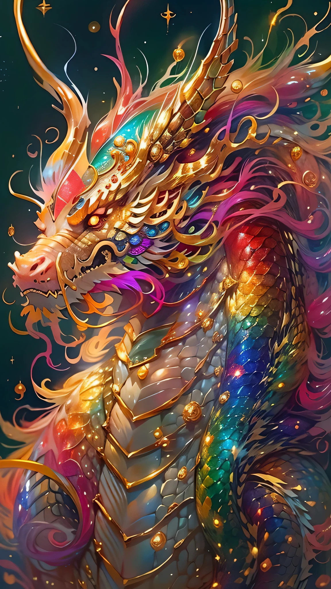 Golden Dragon。Rainbow glowing scales。The dragon god is coming。Golden Splash、milky way、god々々right、Staring straight ahead、Redbeard