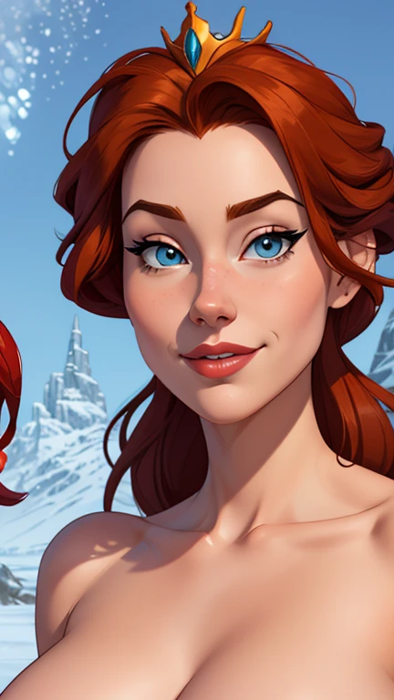 Beautiful portrait mode pose Cartoon character character in dynamic pose two women together redhead Disney princess Queen Anna of Arendelle redhead with 1,60cm on the left and along with a symmetrical body and beautiful breasts, corpo bem definido, delicado e sensual, estilo de desenho animado, digital illustration Portrait mode