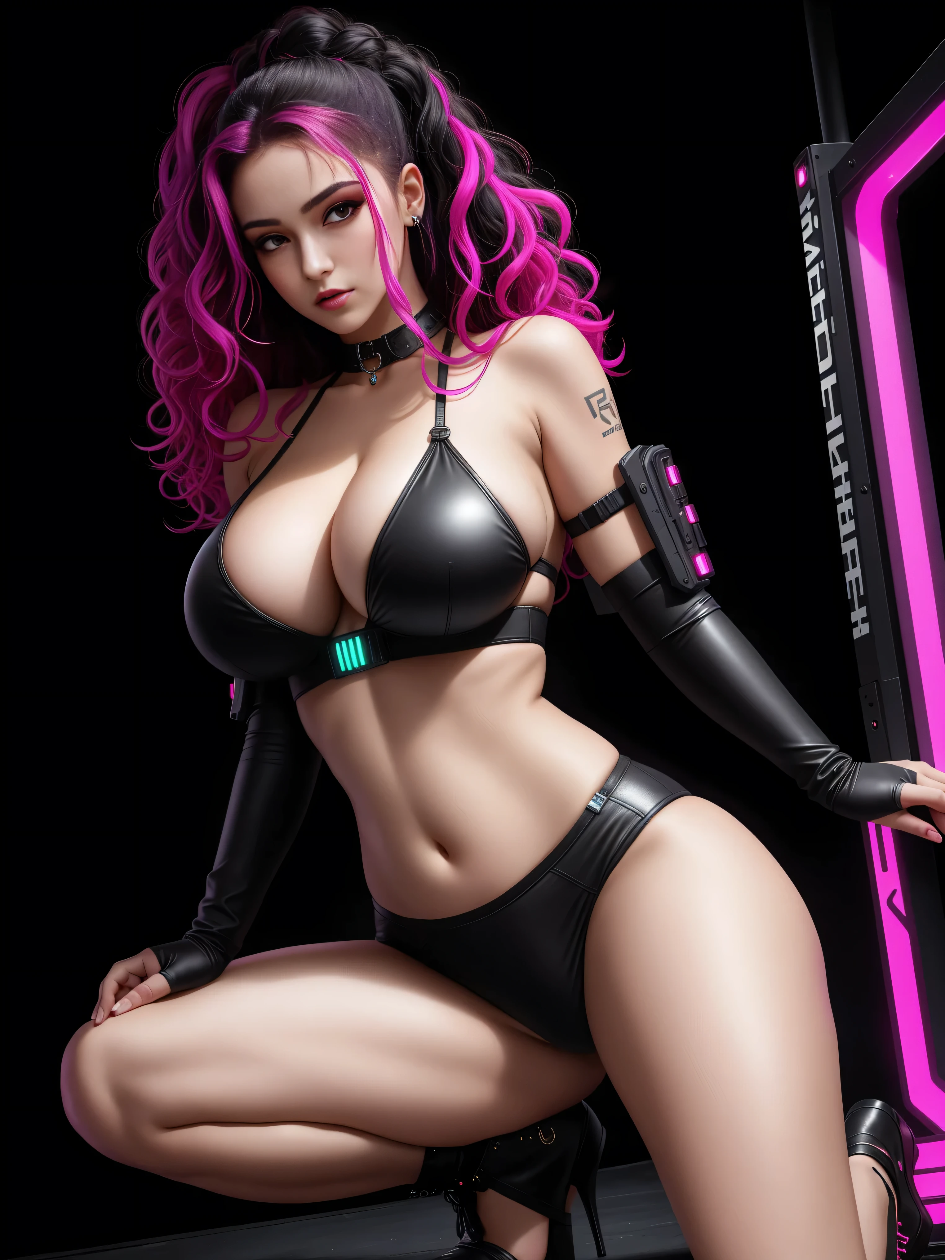 there is a Botez Sister woman squatting, long curly hair, 3 d neon art of a womans body, neon-noir background, cyberpunk femme fatale, seductive cyberpunk dark fantasy, cyberpunk strip clubs, cyberpunk 20 y. o model girl, oppai cyberpunk, banner, high definition cgsociety, cgsociety masterpiece, trending on cgstation, kda, random hair, looking at camera, gigantic breasts, cleavage, (high detailed skin:1.2), 8k uhd, dslr, super lighting, high quality, film grain, high res, highly detailed, hyper realistic, beautiful face, beautiful body, beautiful eyes nose lips, alluring expression, very bold, upper visible, full body photo, standing legs apart, pale translucent glowing skin, most beautiful face, cute, (well defined pubic hair:1.2)), (dark plain black background:1.4))