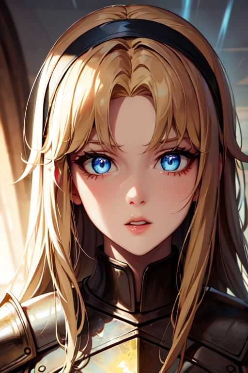 beautiful woman, blonde, blue eyes, knight, armor, surprised, light brown hairband, glowing, thick lips, mascara, light ray, rainbow light. long hair