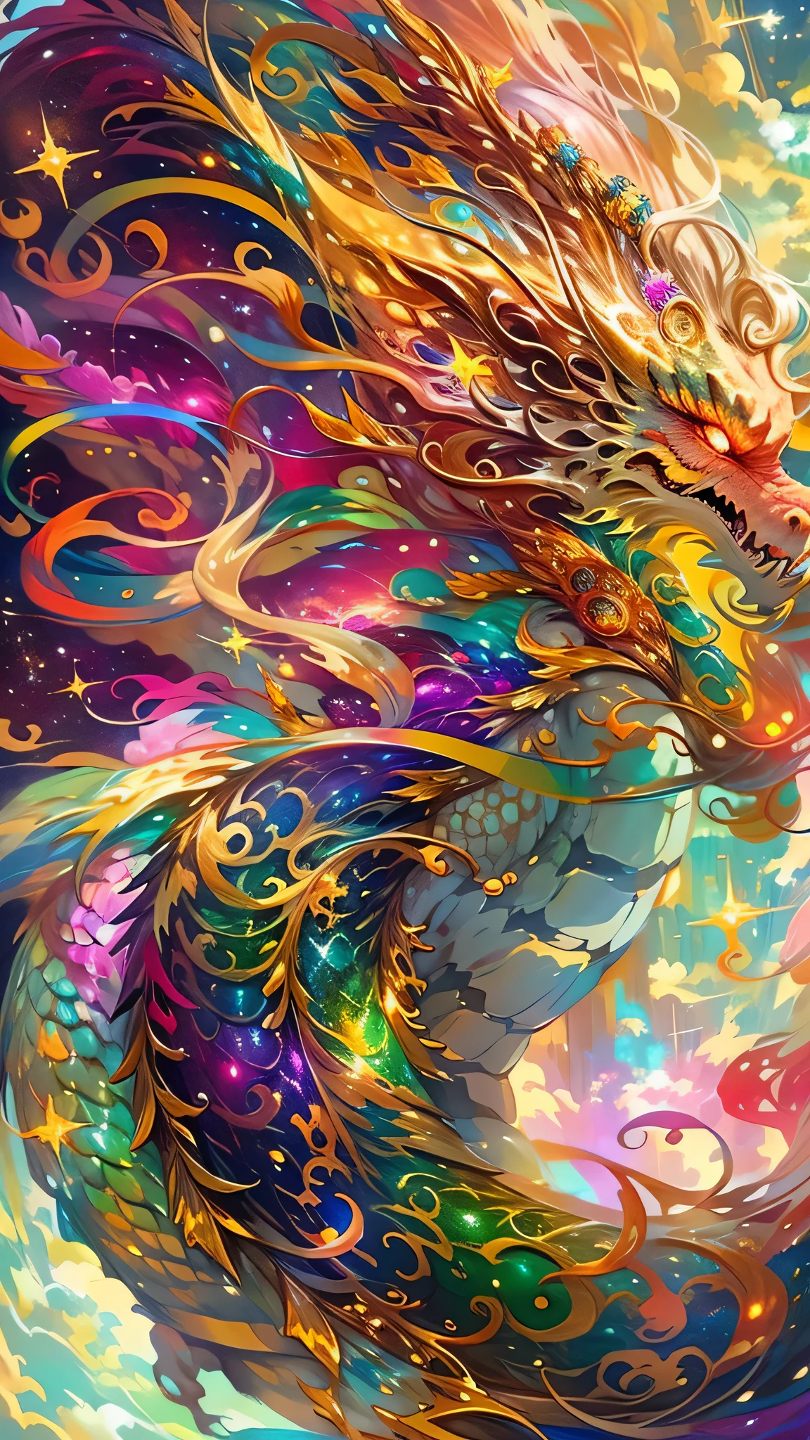 Golden Dragon。Rainbow glowing scales。The dragon god is coming。Golden Splash、milky way、god々々right、Staring straight ahead、Redbeard