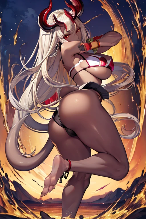 (masterpiece:1.5),(best quality:1.5),(high resolution:1.5),8k,(perfect face:1.5),(perfect body:1.5),(perfect hands:1.5),(perfect fingers:1.8),full body,(1woman:),(megami magazine:1.4),(dark skin:1.2),(fighter:1.5),(light silver long hair:1.5),seductive smile,(red eyes:1.5),(large breasts:1.5),(large ass:1.4),(small nipples:1.3),(large amount:1.2),(big white snake a tail:1.4),(japanese demon black horns:1.5),(,blonde bracelet,(clothed:1.3),(bikini:1.5),(stand:1.3),(looking at viewer:1.3),