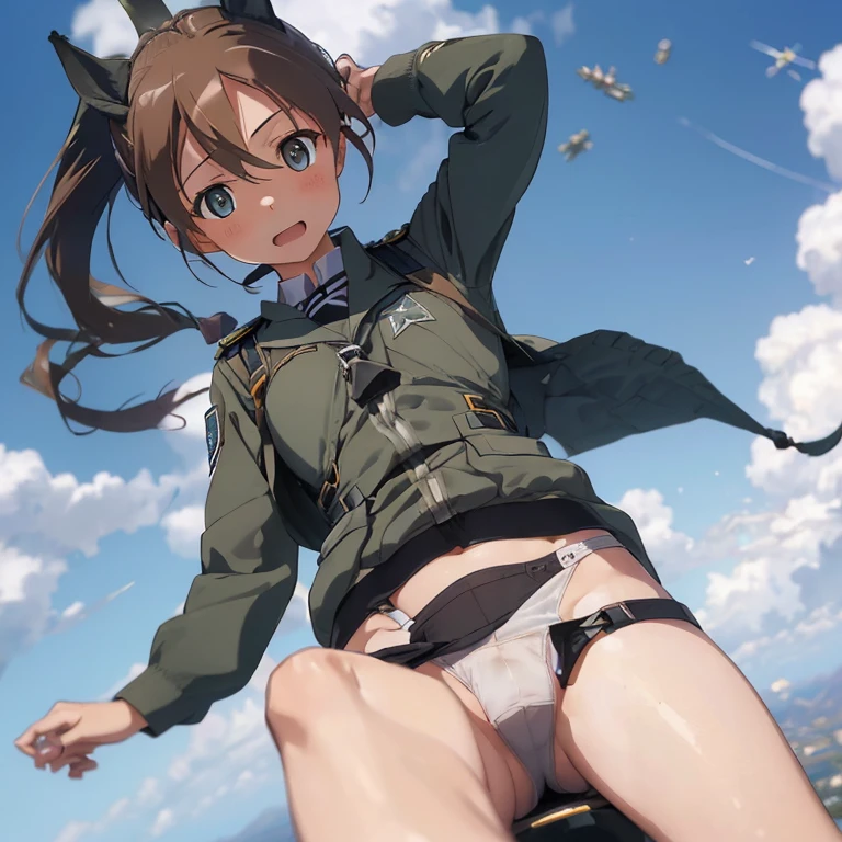 {(masterpiece,best quality, 8K UHD, extremely detailed CG, detailed beautiful face and eyes and skin and hair)}, {(ultra realistic photo graphic style:1.4)}, {(1girl flies at high altitude:1.1), (Free fall from Altitude 10000m:1.6), (out of focus background:1.8)}, {(strike witches:1.4), (sports_uniform_bottom)}, {(crotch showing pose:1), (turn one's crotch:1.2), (crotch gaze:1.2), (feet up:1.3)}, {1girl, 20yo, medium hair, Ponytail hair with braids, forehead, beasts tail:1.1}, {(joyful:1.4)}, {(hair stands on end in the wind)}, {(VENICE city:1.2)}
