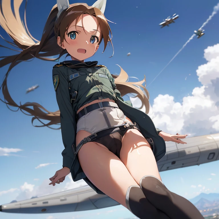 {(masterpiece,best quality, 8K UHD, extremely detailed CG, detailed beautiful face and eyes and skin and hair)}, {(ultra realistic photo graphic style:1.4)}, {(1girl flies at high altitude:1.1), (Free fall from Altitude 10000m:1.6), (out of focus background:1.8)}, {(strike witches:1.4), (sports_uniform_bottom)}, {(crotch showing pose:1), (turn one's crotch:1.2), (crotch gaze:1.2), (feet up:1.3)}, {1girl, 20yo, medium hair, Ponytail hair with braids, forehead, beasts tail:1.1}, {(joyful:1.4)}, {(hair stands on end in the wind)}, {(VENICE city:1.2)}