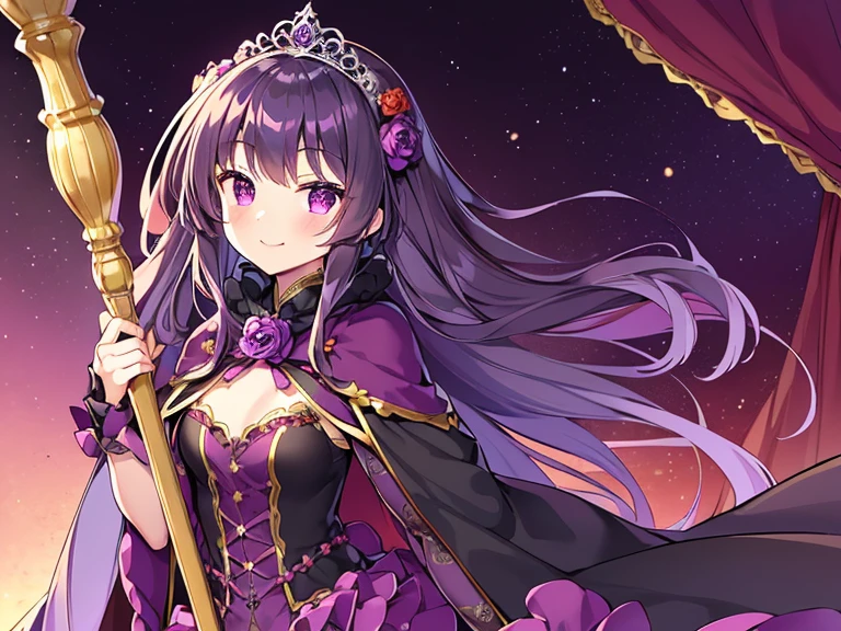 (kawaii),(best quality),(ultra detailed), upper body,(rococo style),(long train dark violet cape:1.15), very long cape,(long train dark violet ball gown with flower decorations), a girl is wearing a cape over her gown, 1 little princess, tiara, smile, small breasts, very long hair