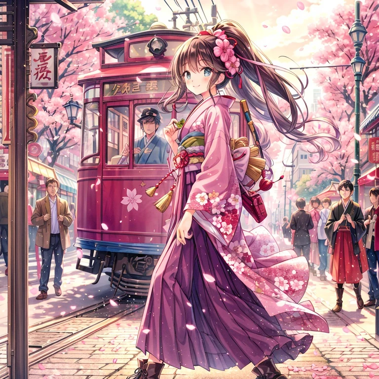 (masterpiece), best quality, expressive eyes, perfect face, 1 girl, solo, A girl with a high ponytail tied with a ribbon, wearing a hakama and short boots, walks along a wide, busy street with an old street tram running in the Taisho era of Japan. smile, pink yagasuri print top, purple hakama, brown ankle boots, Taisho romance, old street tram, spring, cherry blossom petals, sakura, afternoon, blue sky, scenery,retro, BMC