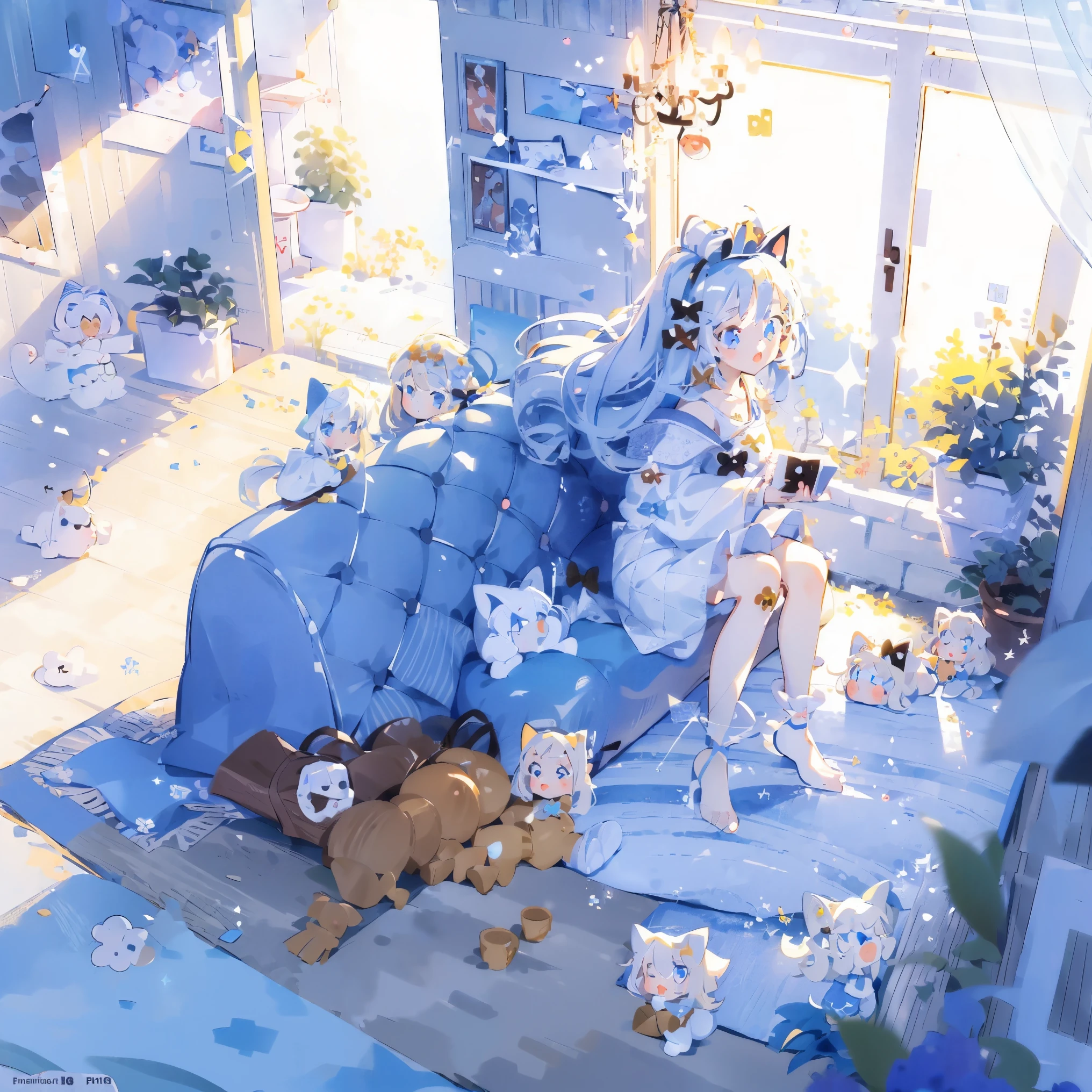 Masterpiece, best quality, extremely detailed, (illustration, official art: 1.1), ((((((((((1 girl)))))))))), ((light blue long hair))), light blue hair, 10 years old, ((blush)), cute face, big eyes, masterpiece, best quality, ((a very delicate and beautiful girl)))), amazing, beautiful detailed eyes, blunt bangs (((little delicate girl)))), tareme (true beautiful: 1.2),Official art、Top quality ultra-detailed CG art、a beauty girl:1.2)、lightblue hair、Glossy hair、 ,((highest quality)), ((masterpiece)),white cat,(best quality,ultra-detailed,photorealistic),cat,,milk,Scottish fold, sunlight,window,relaxing,comfortable,cozy,curiosity,whiskers,furry,curled up,tail,playful,mischief,domesticated,pet,curious gaze,subtle shadows,calm,beautiful,peaceful,quiet,vibrant,touchable fur,serene,window sill,gentle warmth,beam of light,leisurely,lazy afternoon,tranquil scene.lots of stuffed animalany white cats in the room