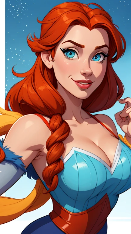 Beautiful portrait mode pose Cartoon character character in dynamic pose two women together redhead Disney princess Queen Anna of Arendelle redhead with 1,60cm on the left and along with a symmetrical body and beautiful breasts, corpo bem definido, delicado e sensual, estilo de desenho animado, digital illustration Portrait mode 