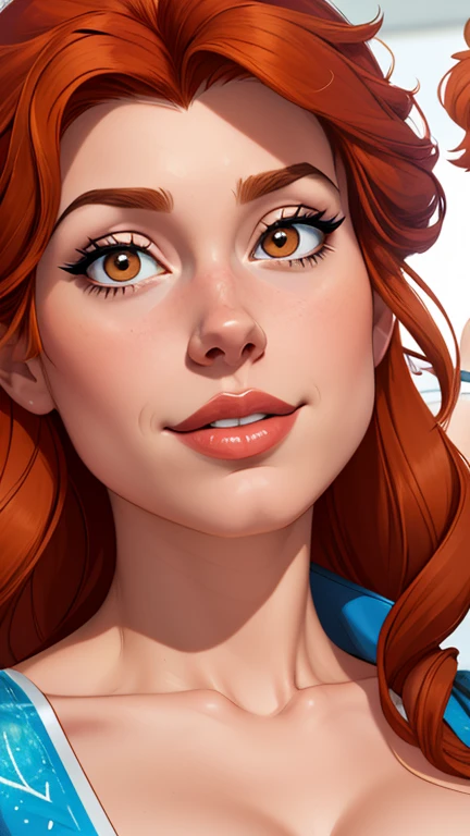 Beautiful portrait mode pose Cartoon character character in dynamic pose two women together redhead Disney princess Queen Anna of Arendelle redhead with 1,60cm on the left and along with a symmetrical body and beautiful breasts, corpo bem definido, delicado e sensual, estilo de desenho animado, digital illustration Portrait mode 