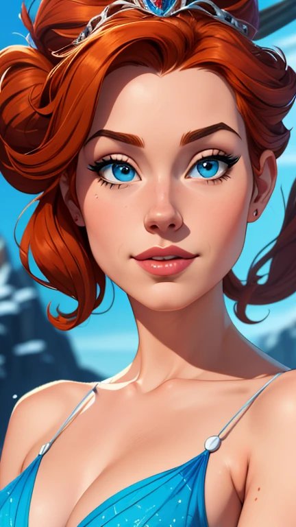 Beautiful portrait mode pose Cartoon character character in dynamic pose two women together redhead Disney princess Queen Anna of Arendelle redhead with 1,60cm on the left and along with a symmetrical body and beautiful breasts, corpo bem definido, delicado e sensual, estilo de desenho animado, digital illustration Portrait mode