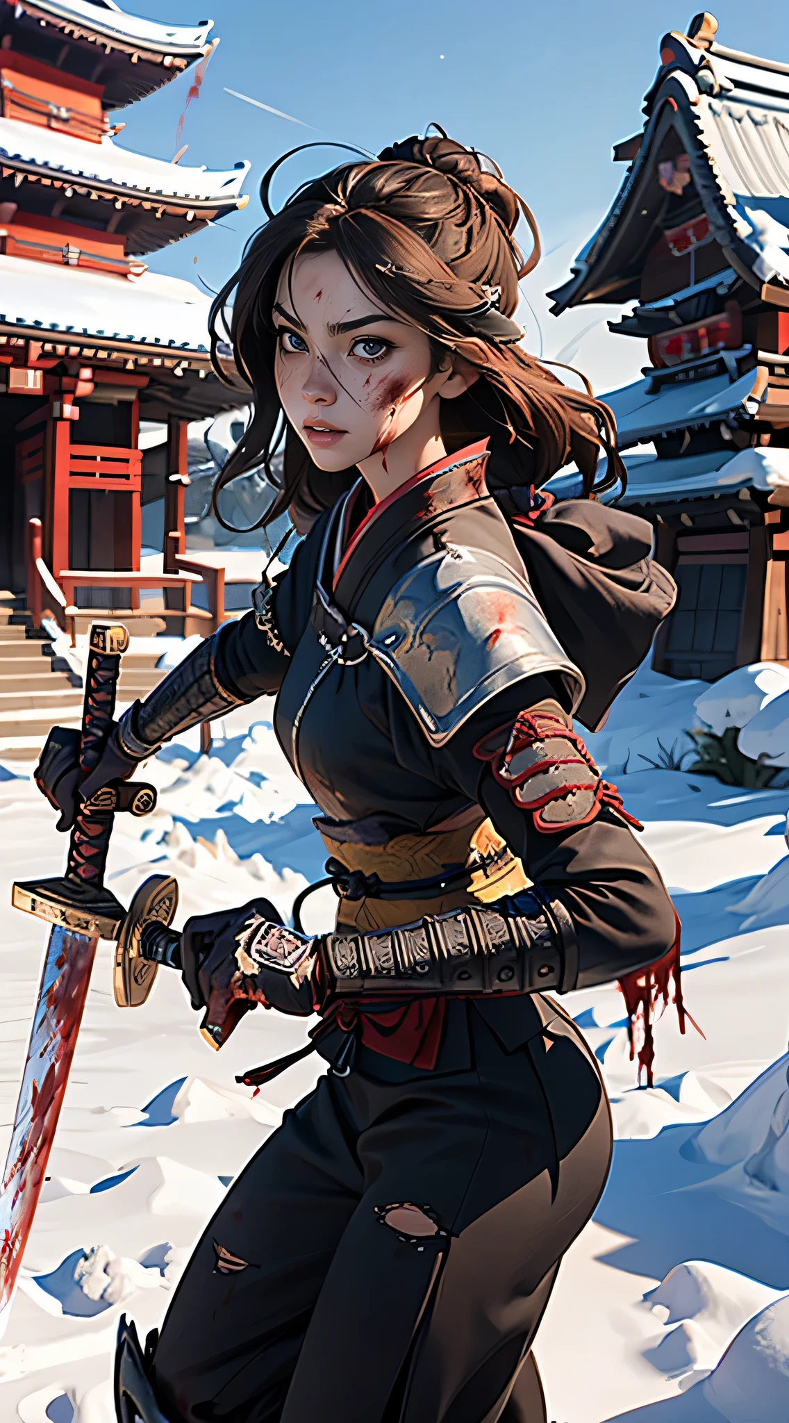 masterpiece, highest quality, (Highly detailed CG Unity 8k wallpaper), (highest quality), (Best illustrations), (Best Shadow),female swordsman, 28 years old, Japanese sword, stance,moonlight, snow, chaos,(((Samurai sword in hand))),((There was blood on my face.:1.3)),((Damaged clothing:1.3)),