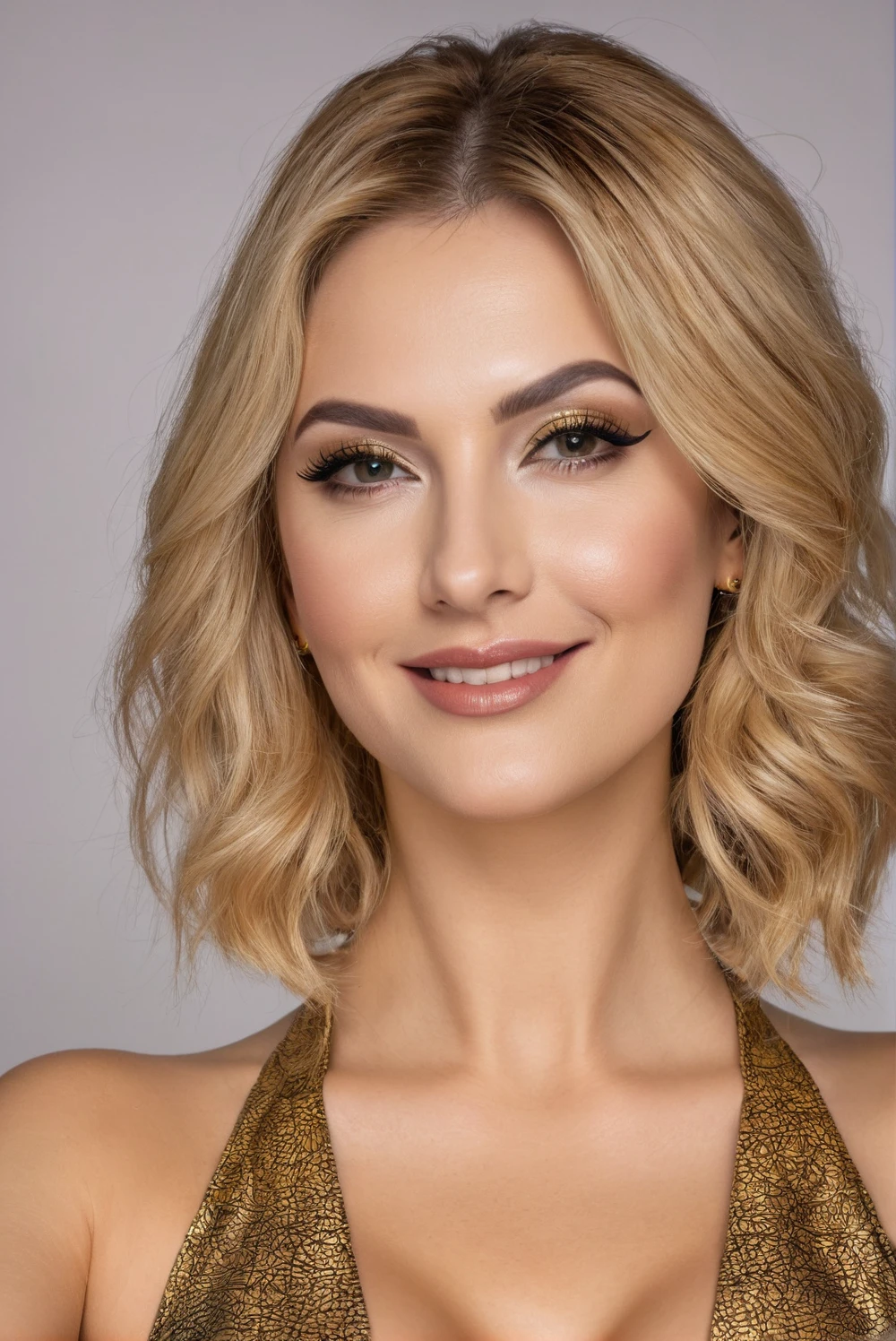 hyperrealistic beautiful busty 30-year-old women in shiny golden jumpsuit, model shooting mugshot photography, dyed blonde classic bob, dark eye makeup with eyeliner, seductive smile, 8K, best quality, Meisterwerk, ultra high resolution, (Realismus: 1.4), Originalfoto, (realistische Hautstruktur: 1.3), (Filmkorn: 1.3), (Selfie-Winkel), 1 girl, Beautiful eyes and facial details, Meisterwerk, best quality