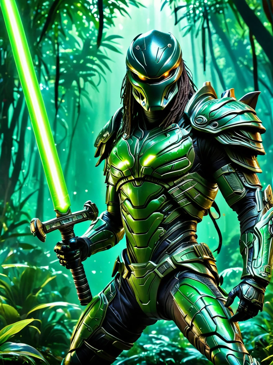 On a vibrant alien jungle planet，Dynamic cinematic shot of a predator wearing alien camouflage armor, Wielding a green glowing alien sword, Detailed background, Hong Kong style, Ultra HD, DSLR camera, Crazy details, Reflection, Realistic shadows, Award-winning photos, Action Shots