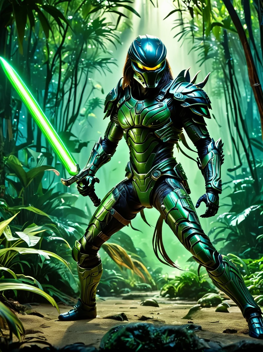 On a vibrant alien jungle planet，Dynamic cinematic shot of a predator wearing alien camouflage armor, Wielding a green glowing alien sword, Detailed background, Hong Kong style, Ultra HD, DSLR camera, Crazy details, Reflection, Realistic shadows, Award-winning photos, Action Shots