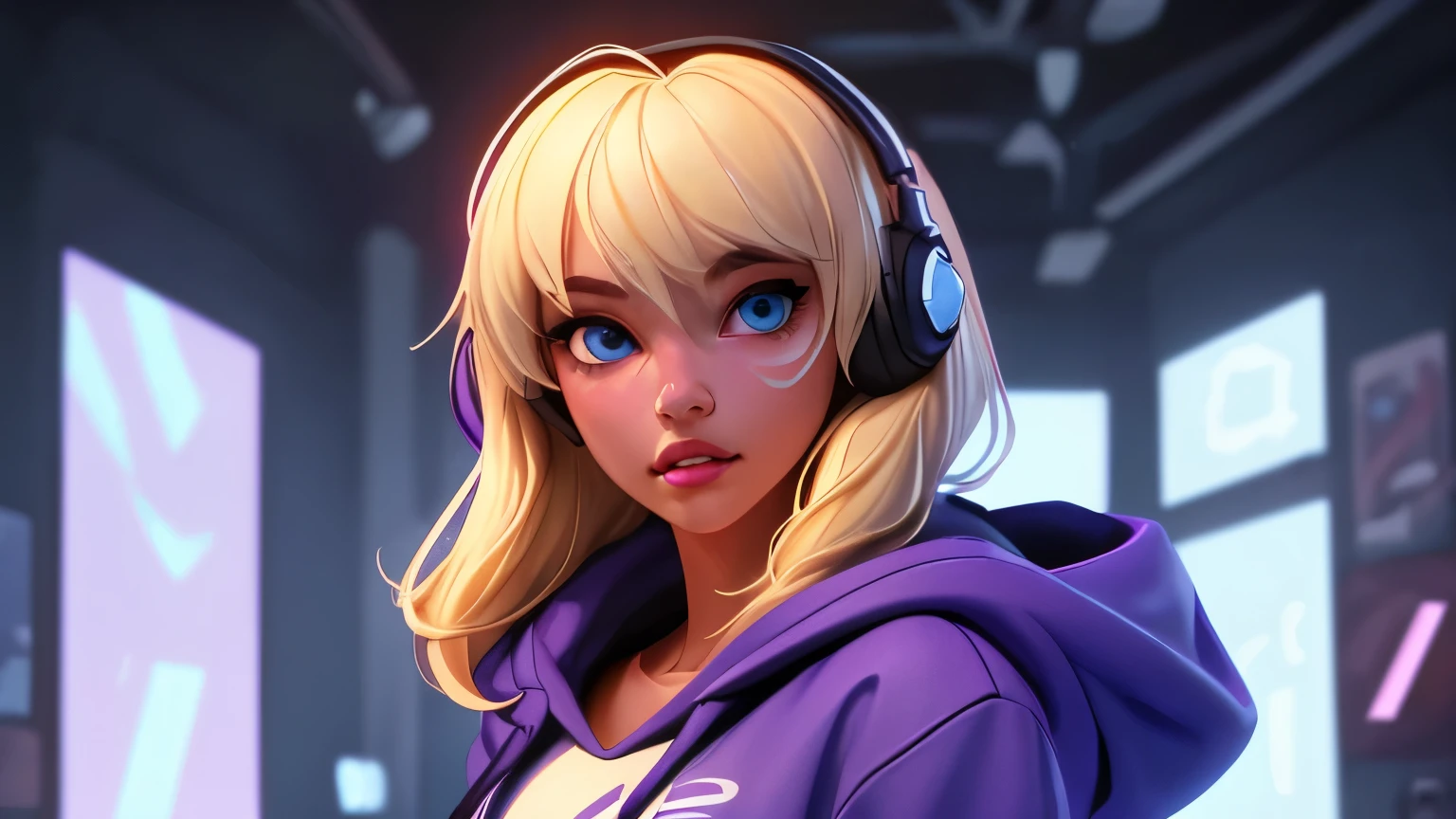 1girl, solo, blue_eyes, hood, short_hair, looking_at_viewer, hood_down, headphones, blonde_hair, parted_lips, bangs, upper_body, purple_hoodie, hoodie, cable, jacket, hooded_jacket, zipper, purple_jacket, indoors, dark alluring background