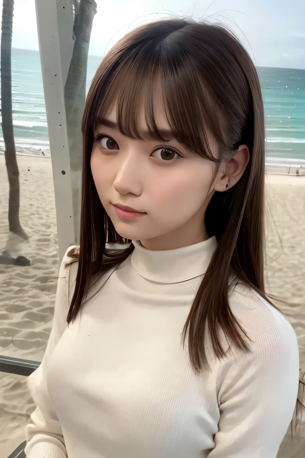 1 girl, beautiful, cute, Professional Lighting, highest quality,Well-formed face,(mock neck top:1.5),Long Hair, (clear:1.2), beautiful,(beach:1.5)