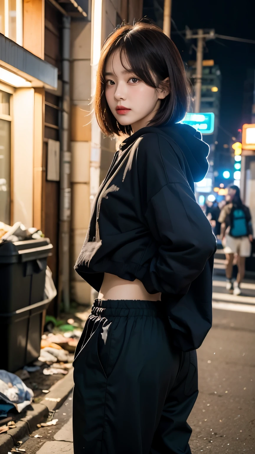 18-year-old,Korean women,Standing in front of a wall in an alley,Dancer on the road,(((Dirty neon street at night))),(((Facing forward))),(((Frowning,カメラをGlaring))),(Very fine eye), (((Wearing a long black hoodie,Wearing baggy pants))),(((Collapsing Building))),(((old buildings))),((photograph)),((A woman near a garbage dump)),(((Fabric Shading))), (((highest quality))), (((masterpiece))) strong girl, ((((Realistic)))), I have a card,Black Hair, chic hairstyle, ((With bangs,Straight medium bob cut, nice hair)), Light makeup,Red eyes, (((I'm not wearing lipstick))), (nice, strong), (((Strong night atmosphere))), Centered Images, Looking at the camera, Elegant colors,Realistic Skin,Realistic texture,8k,whole body,Pale skin, (((Dirty garbage dump))),A huge amount of trash,Red iris,Expressionless,Glaring,Perfect Face,(((Big eyes))),She is wearing wide black baggy pants,Mouth closed, portrait of aespaのウィンター,She is wearing black streetwear, Woman in black streetwear, 黒いハイテクな服を着た女性のphotograph, Girl wearing black hoodie, Cyberpunk Streetwear, Cyberpunk Streetwear street fashion e-girl,