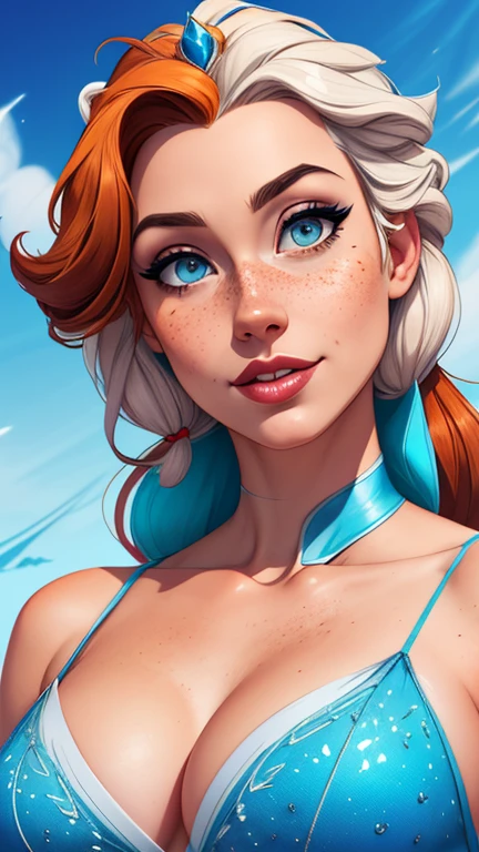 Beautiful portrait mode pose Cartoon character character in dynamic pose two women together with freckles on their faces Disney princess Queen Anna of Arendelle with 1,60cm on the left and along with a symmetrical body and beautiful breasts, corpo bem definido, delicado e sensual, estilo de desenho animado, digital illustration Portrait mode