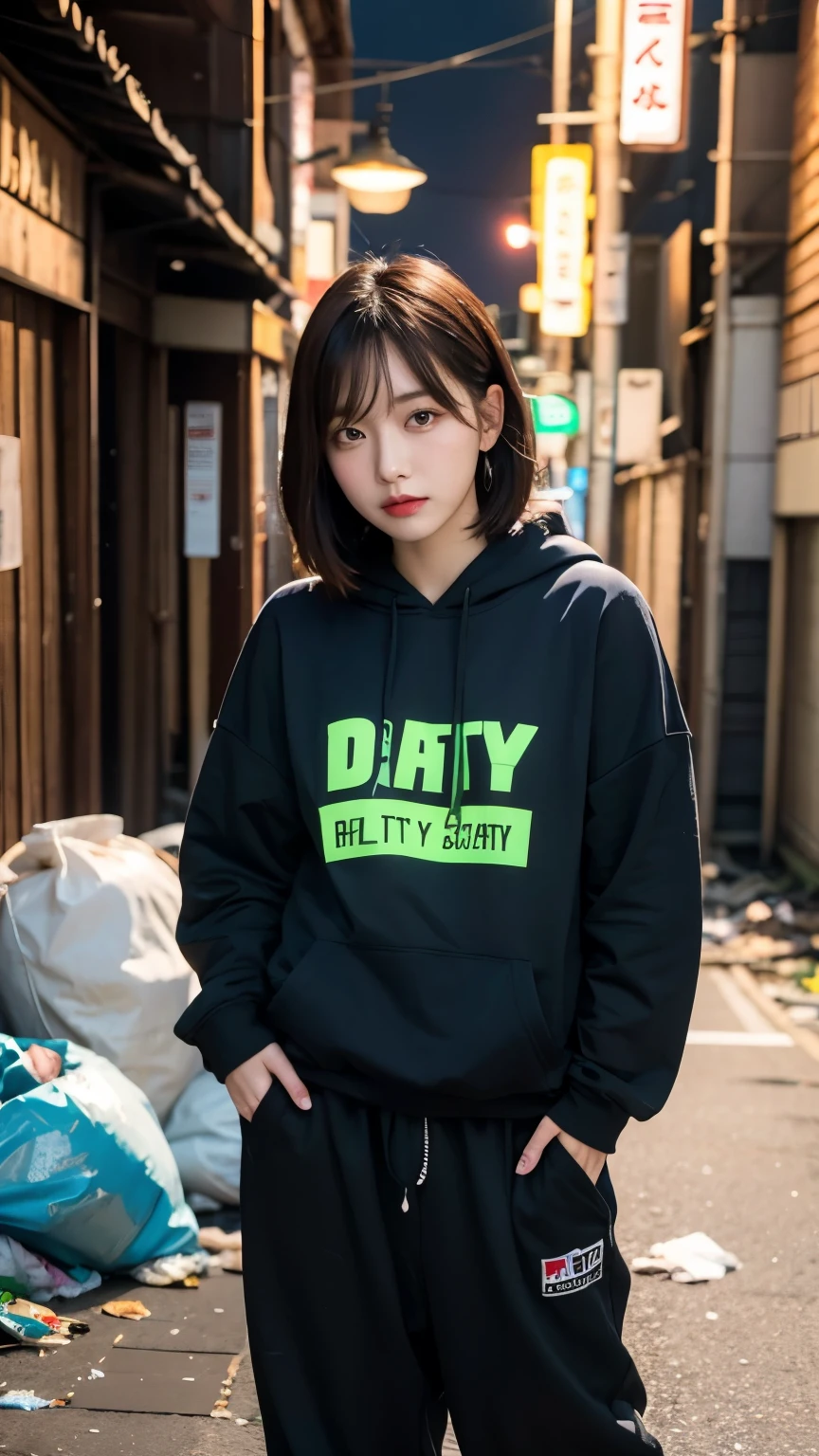 18-year-old,Korean women,Standing in front of a wall in an alley,Dancer on the road,(((Dirty neon street at night))),(((Facing forward))),(((Frowning,カメラをGlaring))),(Very fine eye), (((Wearing a long black hoodie,Wearing baggy pants))),(((Collapsing Building))),(((old buildings))),((photograph)),((A woman near a garbage dump)),(((Fabric Shading))), (((highest quality))), (((masterpiece))) strong girl, ((((Realistic)))), I have a card,Black Hair, chic hairstyle, ((With bangs,Straight medium bob cut, nice hair)), Light makeup,Red eyes, (((I'm not wearing lipstick))), (nice, strong), (((Strong night atmosphere))), Centered Images, Looking at the camera, Elegant colors,Realistic Skin,Realistic texture,8k,whole body,Pale skin, (((Dirty garbage dump))),A huge amount of trash,Red iris,Expressionless,Glaring,Perfect Face,(((Big eyes))),She is wearing wide black baggy pants,Mouth closed, portrait of aespaのウィンター,She is wearing black streetwear, Woman in black streetwear, 黒いハイテクな服を着た女性のphotograph, Girl wearing black hoodie, Cyberpunk Streetwear, Cyberpunk Streetwear street fashion e-girl,