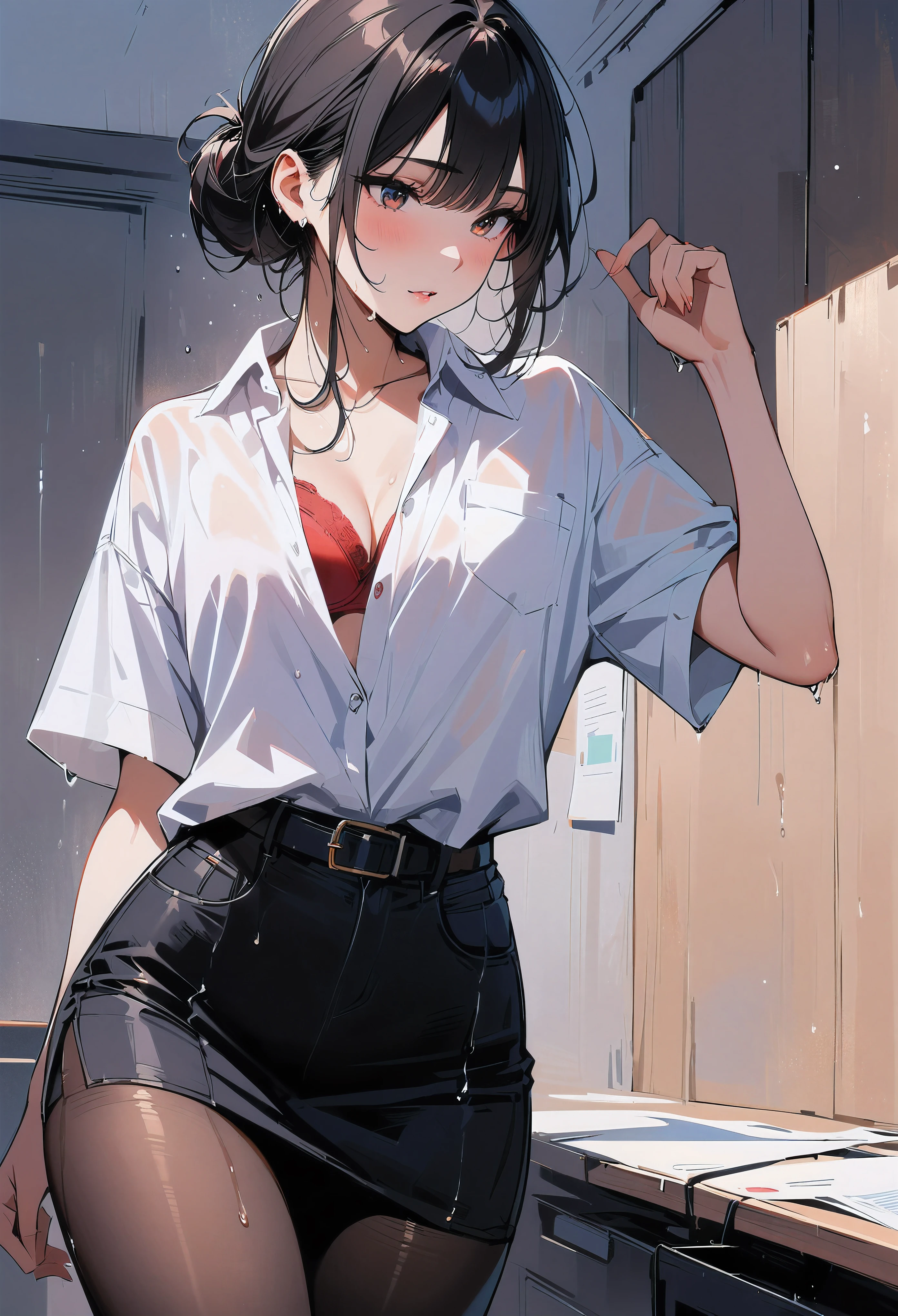 Ultra HD、Highest quality,Striptease、Morning、Embarrassed、pantyhose、pantyhoseの下のパンティー、Laundry basket、Used panties、Worn out pantier.々Panties、Panties scattered、The room is full of panties、high school girl、Change of clothes、Undressing scene、Voyeur-style angle、Long black hair、While taking off clothes、Glamorous Style