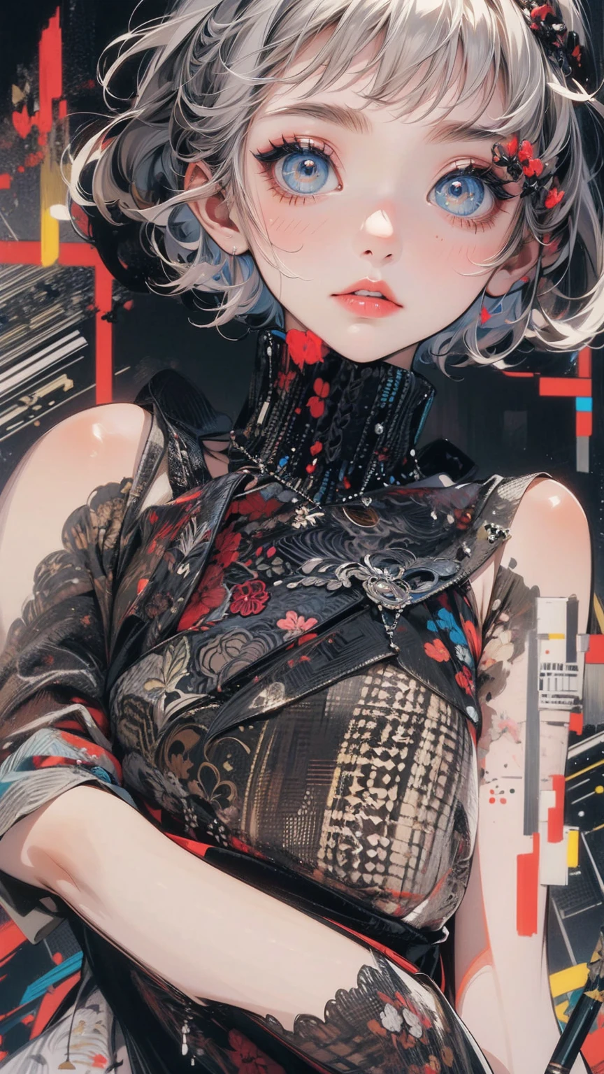(masterpiece, High resolution, highest quality), Composition from head to thighs:1.3, Upper body focus, 20-year-old woman, Blank look, short hair, Avant-garde makeup, fashionable, Disorganized, Collage of creeping black hands, abstract design, artistic juxtapositions, High contrast, mixed-media approach, Anime Style, Simple lines, Digital Painting,