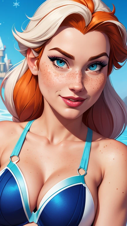 Beautiful portrait mode pose Cartoon character character in dynamic pose two women together with freckles on their faces Disney princess Queen Anna of Arendelle with 1,60cm on the left and along with a symmetrical body and beautiful breasts, corpo bem definido, delicado e sensual, estilo de desenho animado, digital illustration Portrait mode
