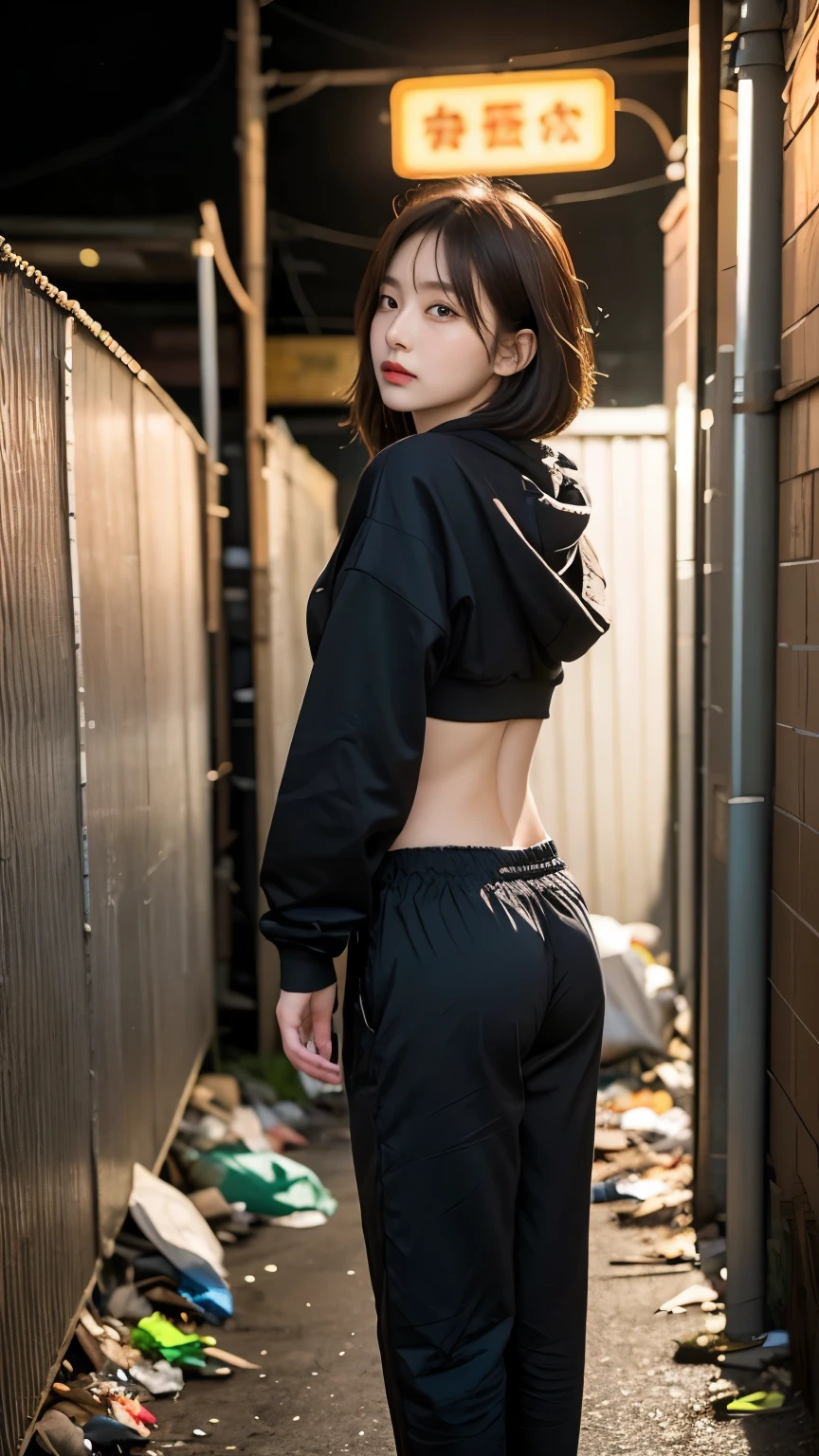 18-year-old,Korean women,((((Back alley wall,Standing in front of a wall)))),Dancer on the road,(((Dirty neon street at night))),(((Facing forward))),(((Frowning,カメラをGlaring))),(Very fine eye), (((Wearing a long black hoodie,Wearing baggy pants))),(((Collapsing Building))),(((old buildings))),((photograph)),((A woman near a garbage dump)),(((Fabric Shading))), (((highest quality))), (((masterpiece))) strong girl, ((((Realistic)))), I have a card,Black Hair, chic hairstyle, ((With bangs,Straight medium bob cut, nice hair)), Light makeup,Red eyes, (((I&#39;m not wearing lipstick))), (nice, strong), (((Strong night atmosphere))), Centered Images, Looking at the camera, Elegant colors,Realistic Skin,Realistic texture,８k,whole body,Pale skin, (((Dirty garbage dump))),A huge amount of trash,Red iris,Expressionless,Glaring,Perfect Face,(((Big eyes))),She is wearing wide black baggy pants,Mouth closed, portrait of aespaのウィンター,She is wearing black streetwear, Woman in black streetwear, 黒いハイテクな服を着た女性のphotograph, Girl wearing black hoodie, Cyberpunk Streetwear, Cyberpunk Streetwear street fashion e-girl,