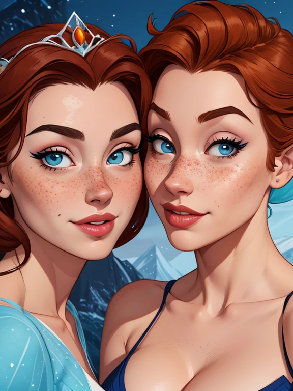 Beautiful portrait mode pose Cartoon character character in dynamic pose two women together with freckles on their faces Disney princess Queen Anna of Arendelle with 1,60cm on the left and along with a symmetrical body and beautiful breasts, corpo bem definido, delicado e sensual, estilo de desenho animado, digital illustration Portrait mode