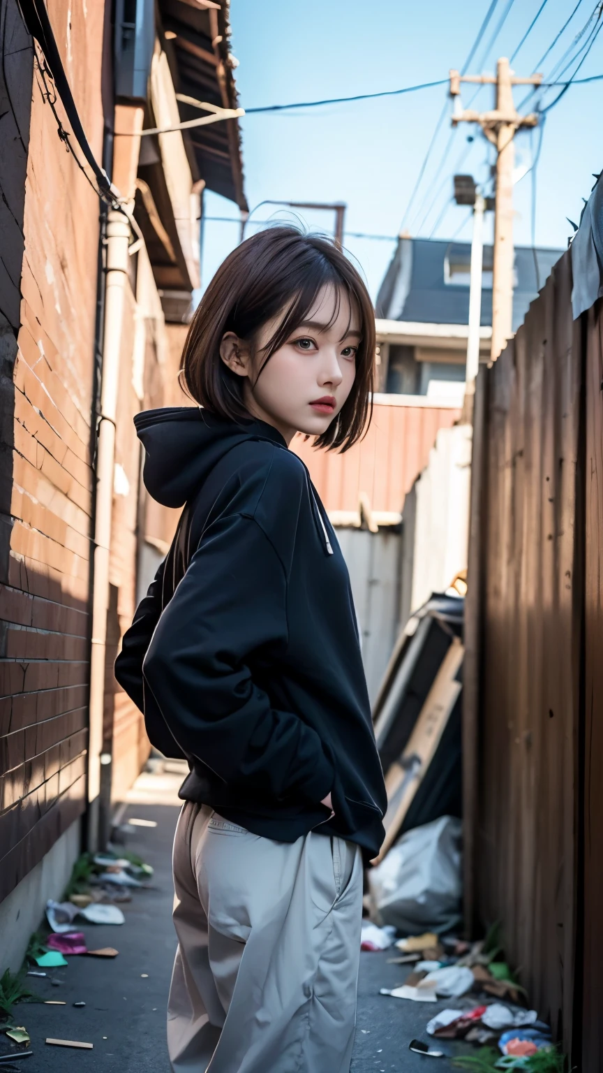 18-year-old,Korean women,((((Back alley wall,Standing in front of a wall)))),Dancer on the road,(((Dirty neon street at night))),(((Facing forward))),(((Frowning,カメラをGlaring))),(Very fine eye), (((Wearing a long black hoodie,Wearing baggy pants))),(((Collapsing Building))),(((old buildings))),((photograph)),((A woman near a garbage dump)),(((Fabric Shading))), (((highest quality))), (((masterpiece))) strong girl, ((((Realistic)))), I have a card,Black Hair, chic hairstyle, ((With bangs,Straight medium bob cut, nice hair)), Light makeup,Red eyes, (((I'm not wearing lipstick))), (nice, strong), (((Strong night atmosphere))), Centered Images, Looking at the camera, Elegant colors,Realistic Skin,Realistic texture,8k,whole body,Pale skin, (((Dirty garbage dump))),A huge amount of trash,Red iris,Expressionless,Glaring,Perfect Face,(((Big eyes))),She is wearing wide black baggy pants,Mouth closed, portrait of aespaのウィンター,She is wearing black streetwear, Woman in black streetwear, 黒いハイテクな服を着た女性のphotograph, Girl wearing black hoodie, Cyberpunk Streetwear, Cyberpunk Streetwear street fashion e-girl,