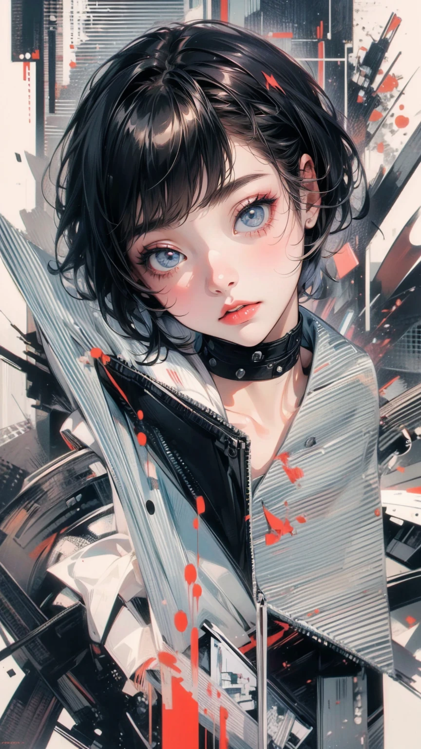 (masterpiece, High resolution, highest quality), Composition from head to thighs:1.3, Upper body focus, 20-year-old woman, Blank look, short hair, Avant-garde makeup, fashionable, Disorganized, Collage of creeping black hands, abstract design, artistic juxtapositions, High contrast, mixed-media approach, Anime Style, Simple lines, Digital Painting,